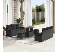 HGBNMER Ensemble de canapé de jardin 9 pièces avec coussins en rotin synthétique noir avec cadre en acier revêtu par pulvérisation et surfaces en bois d'acacia, comprend quatre fauteuils, deux assises