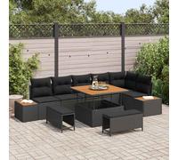 HGBNMER Ensemble de canapé de jardin modulaire avec coussins, 9 pièces, noir, en rotin synthétique et acier revêtu par pulvérisation, table réglable en hauteur pour terrasse et balcon