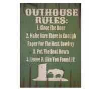 HGETJOHXEM Vintage Funny Outhouse Rules Metal Sign Humorous Bathroom Wall Decor Outhouse Restroom Tin Plaque for Cabin Woodsy Lodge 8 X 12 inch