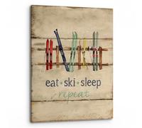 HGETJOHXEM Vintage Ski Poster - Eat Sleep Ski Repeat Canvas Print with Rustic Sleigh Design, Farmhouse Winter Holiday Art for Living Room, Office, and Cabin Wall(Framed,08x12inch(20x30cm))
