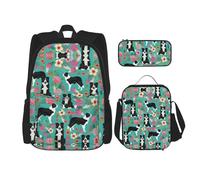 Hgfvy Border Collie Sac à dos léger avec sac à déjeuner isotherme et trousse à crayons Motif floral, noir, One Size