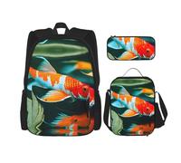 Hgfvy Pretty Koi Fish Sac à dos léger pour sac à dos avec sac à déjeuner isotherme et trousse à crayons, noir, One Size