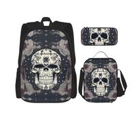 Hgfvy Sac à dos léger avec motif tête de mort et fleur de yoga avec sac à déjeuner isotherme et trousse à crayons, noir, One Size