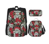 Hgfvy Sac à dos léger motif tête de mort et rose rouge avec sac à déjeuner isotherme et trousse à crayons, noir, One Size