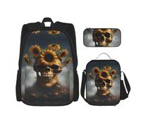 Hgfvy Sac à dos léger motif tournesol Halloween crâne pour sac à dos avec sac à déjeuner isotherme et trousse à crayons, noir, One Size