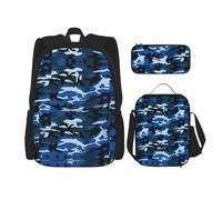 Hgfvy Sac à dos léger pour sac à dos avec sac à déjeuner isotherme et trousse à crayons Motif camouflage Bleu, noir, One Size