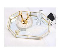 Hggzeg Plateau en métal et verre miroir doré - Forme polygone, pour bijoux, parfum, maquillage, coiffeuse, commode, salle de bain, chambre à coucher (S)