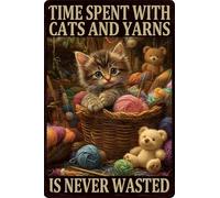 HGIEJPTIK Plaque en métal en forme de chat avec inscription « Time Spent With Cats And Yarns Is Never Wasted Far Home Office Yard Bearoom Café » - 30,5 x 40,6 cm