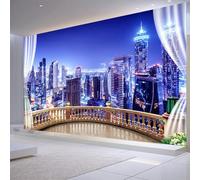 hgjdjhnf Bâtiments de ville, ciel bleu, paysage nocturne, effet soyeux 3D, mobilier de salle à manger, canapé, chambre, salon, fond TV, 200 cm x 140 cm