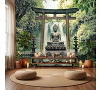 hgjdjhnf Papier peint en soie représentant une statue de Bouddha sur un socle de lotus, motif de méditation en forêt, affiche murale pour salon, couloir, fond TV, vert émeraude, 150 cm x 105 cm