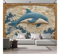 hgjdjhnf Papier peint mural 3D à motifs vagues et dauphins pour salon ou chambre, motif bleu clair, en soie, 350 cm x 256 cm