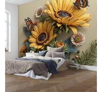 hgjdjhnf Papier peint mural décoratif effet 3D, motif tournesol et papillons, en tissu de soie, style vintage chic panoramique, jaune, 350 cm x 256 cm
