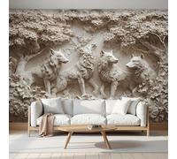 hgjdjhnf Papier peint panoramique photo, fresque murale en relief représentant une meute de loups en forêt, affiche décorative beige clair pour salon ou fond TV, 350 cm x 256 cm