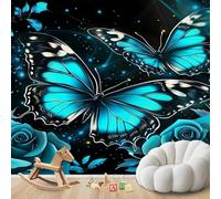 hgjdjhnf Papier peint papillons bleus, roses et fleurs, style glamour, intissé, moderne, pour salon, chambre, chambre d'enfant, motif décoratif mural, 300 cm x 210 cm
