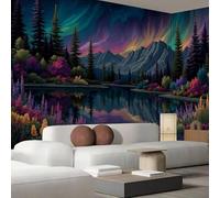 hgjdjhnf Papier peint photo Aurores boréales, forêt fleurie, paysage onirique, panorama naturel, motif violet foncé, effet 3D, décoration murale, 200 cm x 140 cm