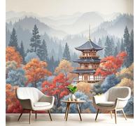 hgjdjhnf Papier peint photo bleu-gris haut de gamme - Forêt et montagnes - Décoration murale, motif d'architecture japonaise pour chambre et salon, 300 cm x 210 cm