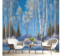 hgjdjhnf Papier peint photo bleu marine haut de gamme - Décoration murale Forêt de bouleaux d'hiver, motif paysage botanique pour chambre et salon, 430 cm x 300 cm