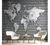 hgjdjhnf Papier peint photo carte du monde vieillie, paysage de briques, effet 3D, fresque murale gris anthracite pour salon et chambre, affiches, images, décoration murale, 430 cm x 300 cm