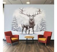 hgjdjhnf Papier peint photo cerfs sous la neige et pins, ambiance chasse hivernale à la ferme, chambre ou salon, intissé, décoration murale, 150 cm x 105 cm