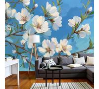 hgjdjhnf Papier peint photo effet 3D, bleu ciel, fleurs naturelles peintes à la main, motif floral pour chambre et salon, papier peint inspiré de la peinture botanique à l'huile, 430 cm x 300 cm