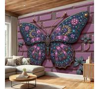 hgjdjhnf Papier peint photo effet 3D papillons sur mur de briques, intissé, fresque murale colorée en verre pour salon/salle de jeux, 250 cm x 175 cm
