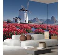 hgjdjhnf Papier peint photo en soie avec moulins à vent et champs de tulipes, style paysage champêtre, motif salon/chambre, 250 cm x 175 cm