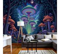 hgjdjhnf Papier peint photo « Forêt de champignons sous le ciel nocturne », paysage psychédélique, décor turquoise, fresque murale pour salon ou chambre, 200 cm x 140 cm