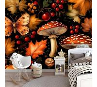 hgjdjhnf Papier peint photo intissé à motifs de champignons, d'escargots et de papillons, idéal pour la décoration murale du salon, de la chambre ou de la chambre d'enfant, 300 cm x 210 cm.