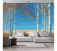 hgjdjhnf Papier peint photo paysage, champs de blé et forêts de bouleaux, salon, fresque murale derrière la télévision, affiche, bleu-orange, 200 cm x 140 cm