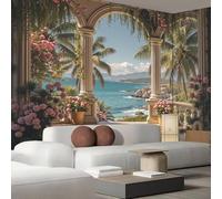 hgjdjhnf Papier peint photo paysage tropical, balcon médiéval, panorama naturel, motif beige, effet 3D, 250 cm x 175 cm.
