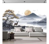 hgjdjhnf Papier peint photo, peinture à l'encre, fresque murale représentant un cerf au bord d'un lac ensoleillé, pour salon, fond TV, affiche, gris et blanc, 400 cm x 280 cm