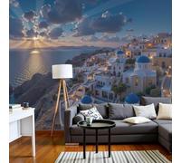 hgjdjhnf Papier peint photo style rétro grec, architecture insulaire, paysage mural, motif bleu ciel, décor mural TV, 200 cm x 140 cm