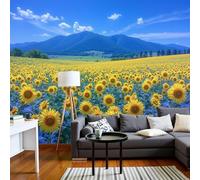 hgjdjhnf Papier peint photo « Tournesols d'été et montagnes », paysage naturel, bleu royal, décoration murale pour salon ou chambre, 150 cm x 105 cm