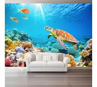 hgjdjhnf Photo intissée à motif animalier corail tortue, poster panoramique 3D bleu, décoration murale intissé pour chambre, salon, chambre d'enfant, 350 cm x 256 cm