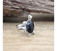 HGJH Bagues Réglables pour Femmes, Belle Tortue Argent Ronde Anneau Redimensionnable Obsidienne Pierre Naturelle Cristal Jades Tortue Anneaux Femmes Mode Bijoux Anneau Ouvert Party Favors