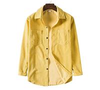 HGJH Chemise À Manches Longues pour Hommeschemise en Velours Côtelé Rétro À Manches Longues pour Hommes Chemise Henry Veste Chemise Thermique Jaune Citron Doublure Chemise Grand-Père Revers Boutons