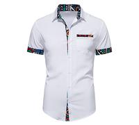 Chemise Homme, Chemise D'Été Décontractée Imprimé Patchwork Africain Chemise Hawaïenne Blanche Col Haut Boutonné avec Poche Poitrine Chemises Confortables À Manches Courtes pour Hommes