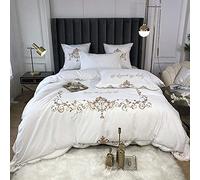 HGJHJJHK Parure de lit de Luxe - 100% Coton - Housse de Couette de qualité hôtelière - Broderie Tendance avec Drap Plat et taies d'oreiller - 4 pièces (Couleur : Blanc, Taille : Double) (Blanc King)