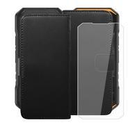 HGJTFANY Coque pour Ulefone Armor X32 (5.65") avec Verre trempé, PU Flip Housse Etui, Fonction Stand avec Fente Carte Bouton magnétique Cuir Cover Case - Black