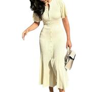 HGKPFGTG Robe Longue Décontractée en Maille Pour Femme Boutonnée à Manches Courtes Coupe Ajustée éLéGante Robe Pull Maxi,Apricot,M