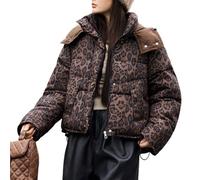 HGKPFGTG Vestes Matelassées Courtes Léopard Pour Femmes Manteau Court Léger et Chaud à Capuche avec Fermeture éClair et Deux Poches,Marron,XL