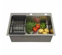 HGTRH Évier Cuisine Moderne 1 Bac Multifonction INOX avec Egouttoir, evier INOX Professionnel 1 bac Drainage Composé, Robinet Intelligent et Accessoires 60 * 45cm