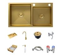 HGTRH éVier De Cuisine Doré, Double Bac en Acier Inoxydable 304 RevêTu De Nano, éVier De Bar avec Bouchon D'éVier Doré et Tamis D'éCoulement, à Monter en Surface Ou sous Plan 82 * 45cm