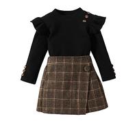 HGTSHUANGTA Ensemble de Vêtements Bébé Fille Enfant 2PCS Jupe à Boutons et Haut Pull Manches Longues en Tricot Côtelé à Volants Tenue Set Chic d 'Automne Hiver