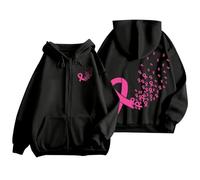 HGTSHUANGTA Sweat Octobre Rose Automne Hiver Chaude Sweat a Capuche Femme Zippé Imprimé Ruban Rose Cancer du Sein Sweatshirts Sport Décontracté Veste Mi Saison Oversize Pulls (A01 Noir, XL)