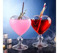 HGUIM Lot de 2 verres à cocktail en forme de cœur - 240 ml - Verres à vin uniques avec paille en verre - Verres à martini créatifs - Verres à martini en verre transparent pour femme - Pour soirée à