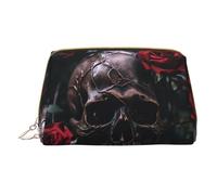 Hgvcse Sac de maquillage en cuir PVC avec motif tête de mort et rose rouge, 1 sac à fermeture éclair, organiseur de voyage pour cosmétiques, usage quotidien, sac à main, blanc, taille unique, BLANC,