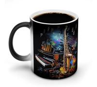 hgyujh Tasse à changement de couleur avec motif saxophone et piano - En céramique sensible à la chaleur - Ajoutez du café ou du thé et une petite scène heureuse apparaît