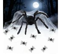 HhBdy 11 Pièces Araignée Halloween, Fausse Araignée Réaliste, Toile d'araignée 20 g de Blanc, Araignees en Plastique Peluche Decoration Halloween pour Porche Maison Hantée Fête Jardin Décoration