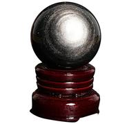 HHCTEBEC Boule de Cristal d'obsidienne argentée, sphère de Cristal Noir Naturel avec Support en Bois - Boule de Pierre d'obsidienne polie, orbe de Divination et décoration pour méditation,70MM